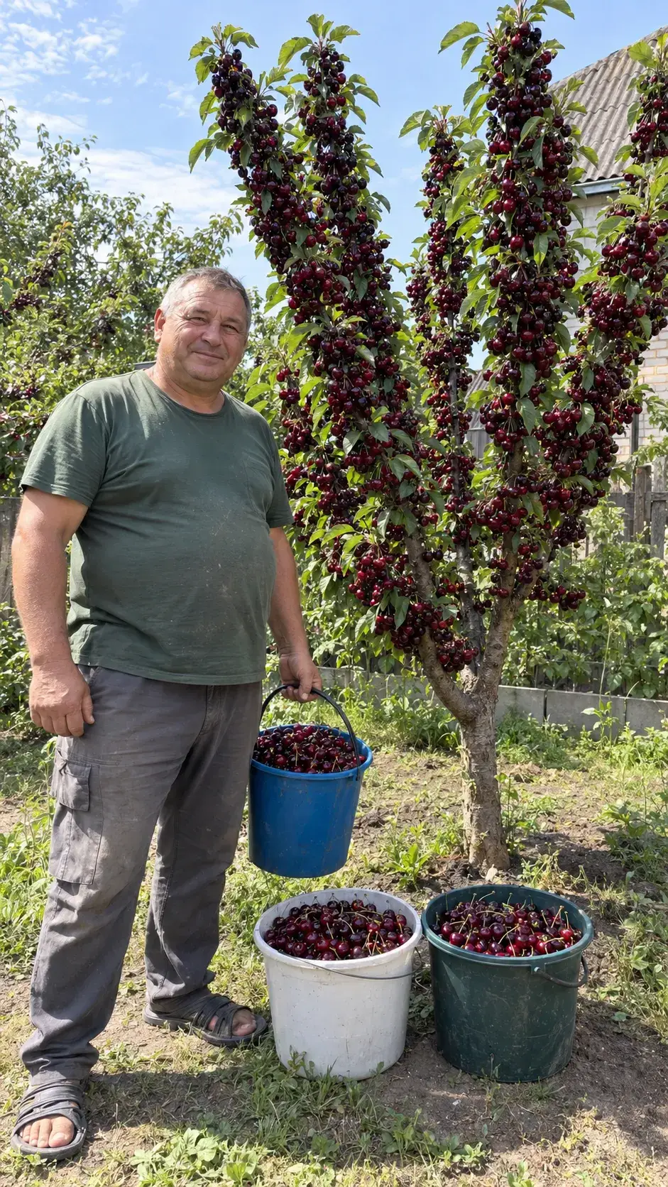 Покупець біля дерева китайської черешні з урожаєм